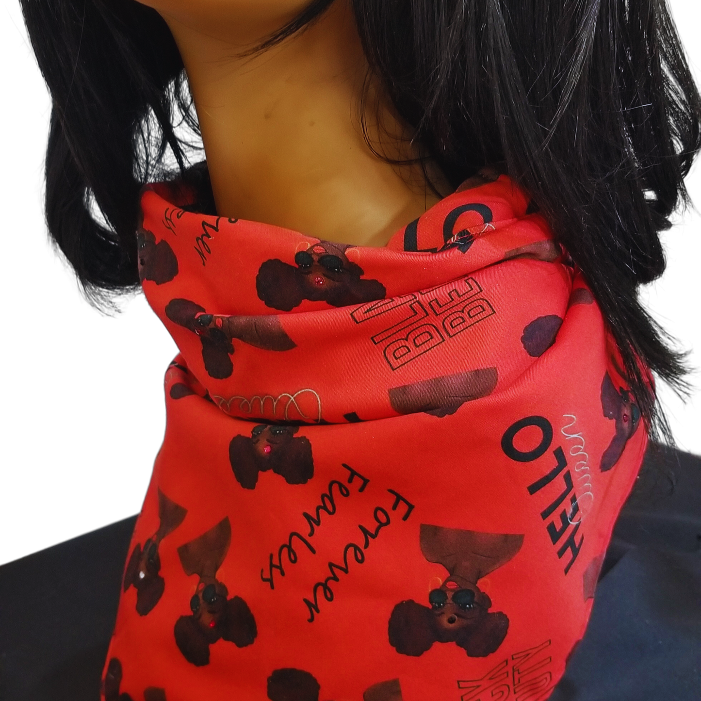 11RR1 Panda Scarf & Mask - African Print Fabric - Lowered Mask view. 11RR1 Panda Scarf & Mask - African Print Fabric - Mask view. Panda Red Queen Scarf & Mask The Red Queen fabric is a hand-crafted marvel, seamlessly blending fashion and safety. This stunning design features the silhouette of a woman's face, making it a powerful statement piece. But beyond its beauty, the fabric is a functional wonder.