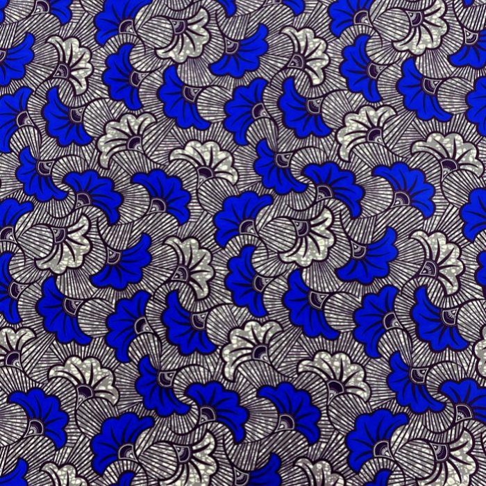 Dancing Fans African Print Fabric   Embrace vibrant elegance with the Dancing Fans African Print fabric. This captivating design features swirling fans in rich blues and greys, reminiscent of graceful movements and joyful celebrations. 