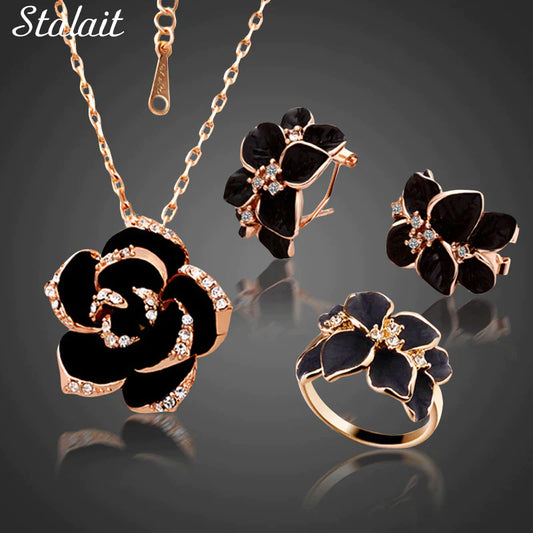 Fashion Rose Flower Enamel Jewelry Set Rose Gold Color Black Bridal Jewelry Sets for Women Wedding 2022 Best Selling Products