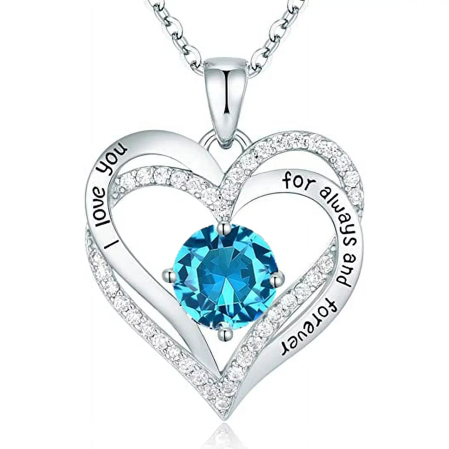 Double heart pendant necklace engraved with 'I love you for always and forever,' featuring a central blue birthstone Zirconia. Perfect for Christmas, birthdays, anniversaries, or as a thoughtful gift."