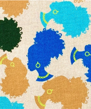 African Print Custom Made - Black Beauty  This fabric is a canvas of artistic expression, where whimsical design meets vibrant coloration. The creamy base serves as the backdrop to a playful dance of Afro silhouettes adorned in azure and golden brown. Each Afro silhouette creates a rhythmic pattern that is both lively and enchanting. The blue Afros are like sapphires amidst fields of gold, showcasing an attention to detail that elevates the fabric to a narrative tapestry. 