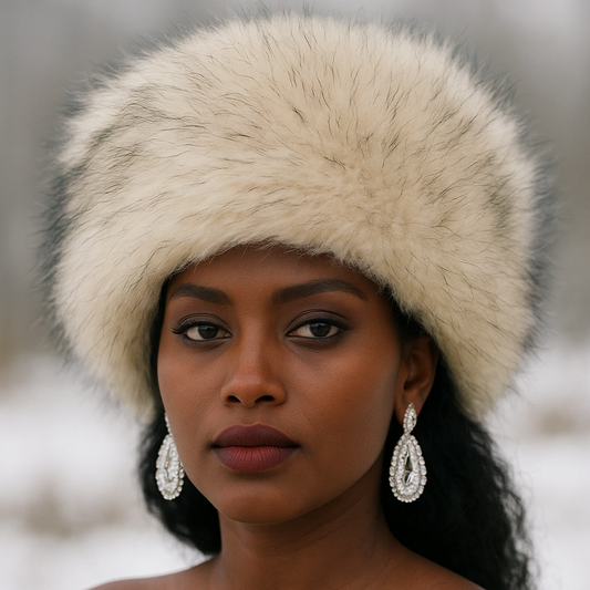 Close-up of elegant woman in winter fur hat and statement jewelry – perfect seasonal fashion accessory
