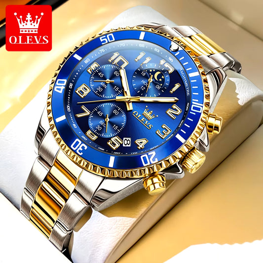 Men's Classic Multifunctional Chronograph Original Quartz Wristwatch Moon Phase 24 Hour Waterproof Watches Man NEW.
"Introducing the OLEVS Luxury Chronograph Watch, available in Blue, Green, Black, Silver Gold Green, Gold, Sky Blue, and Yellow. A perfect blend of style and functionality."