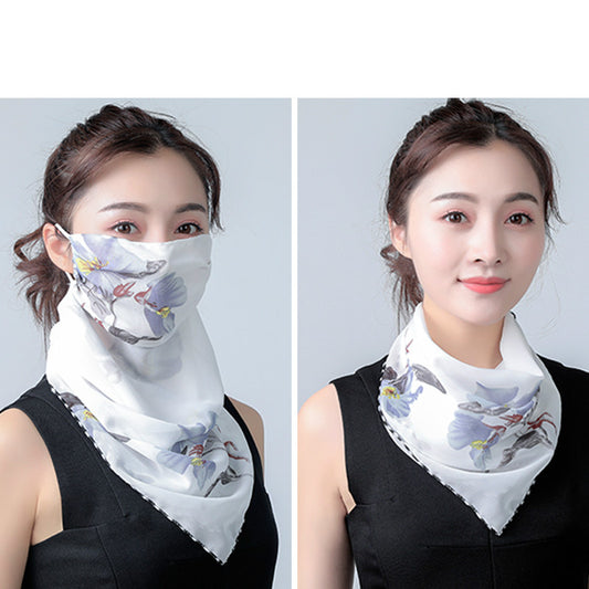 Convertible floral scarf with ear hooks shown in two styles: around the neck and as a face veil