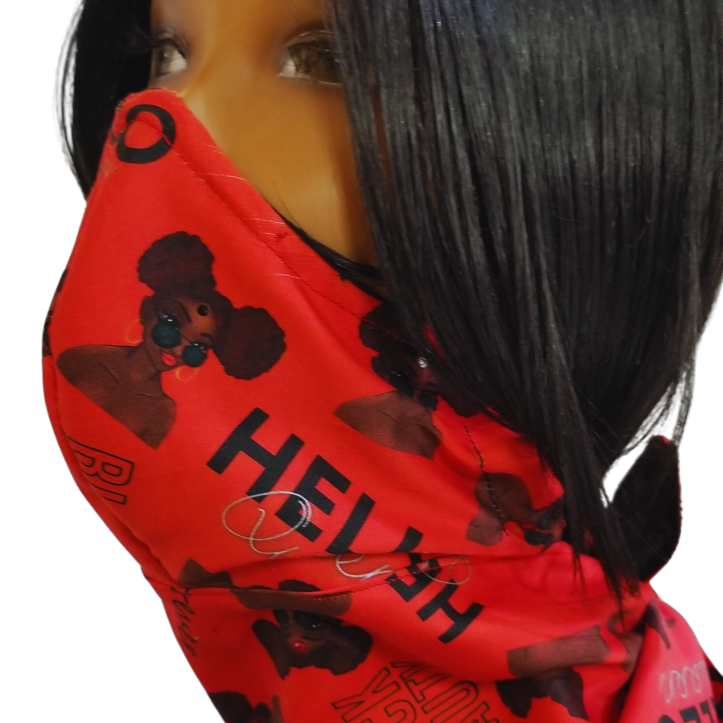 11RR1 Panda Scarf & Mask - African Print Fabric - Mask view.  Panda Red Queen Scarf & Mask  The Red Queen fabric is a hand-crafted marvel, seamlessly blending fashion and safety. This stunning design features the silhouette of a woman's face, making it a powerful statement piece. But beyond its beauty, the fabric is a functional wonder.