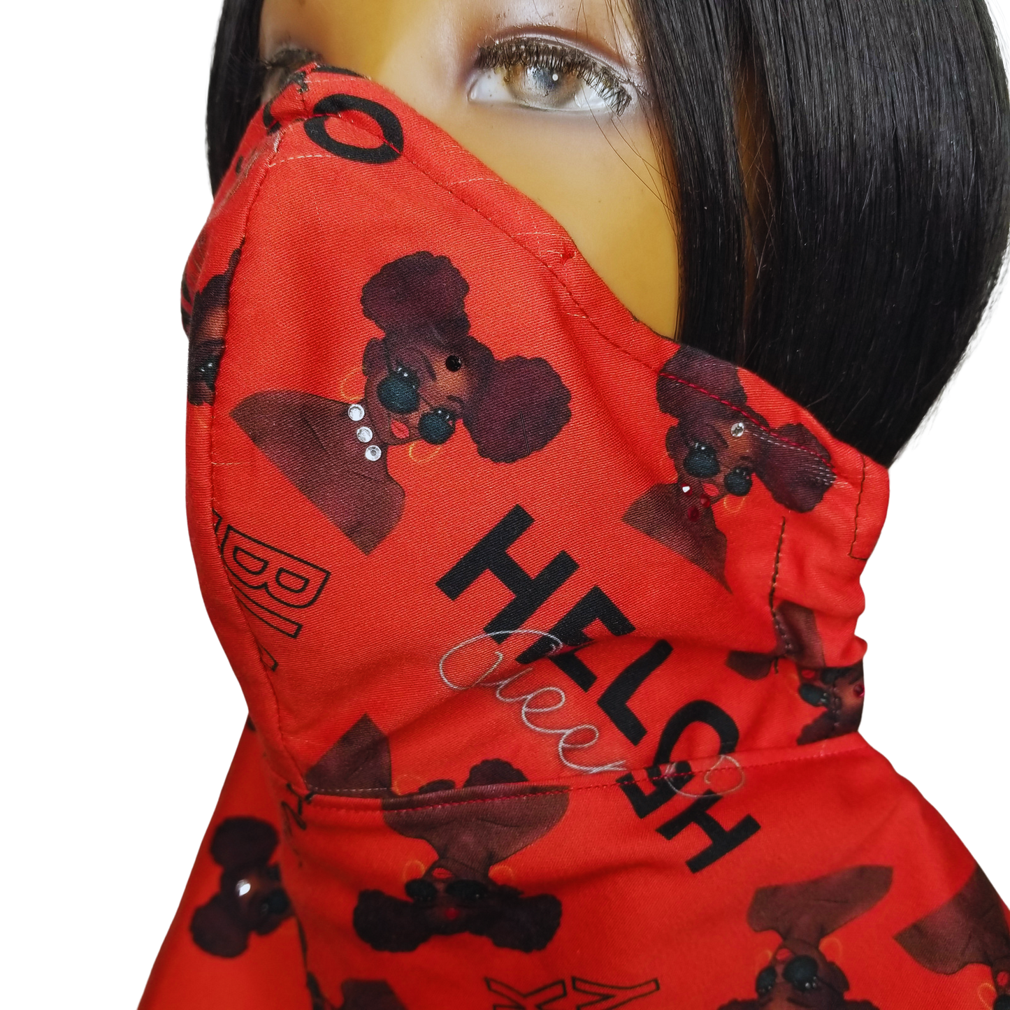 11RR1 Panda Scarf & Mask - African Print Fabric - Mask view. Panda Red Queen Scarf & Mask The Red Queen fabric is a hand-crafted marvel, seamlessly blending fashion and safety. This stunning design features the silhouette of a woman's face, making it a powerful statement piece. But beyond its beauty, the fabric is a functional wonder.