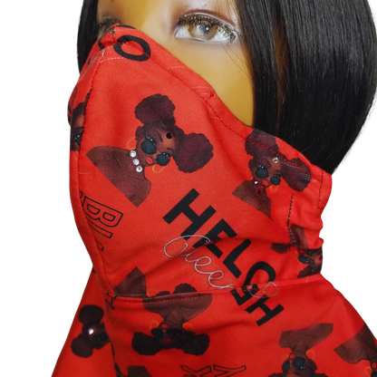 11RR1 Panda Scarf & Mask - African Print Fabric - Mask view. Panda Red Queen Scarf & Mask The Red Queen fabric is a hand-crafted marvel, seamlessly blending fashion and safety. This stunning design features the silhouette of a woman's face, making it a powerful statement piece. But beyond its beauty, the fabric is a functional wonder.