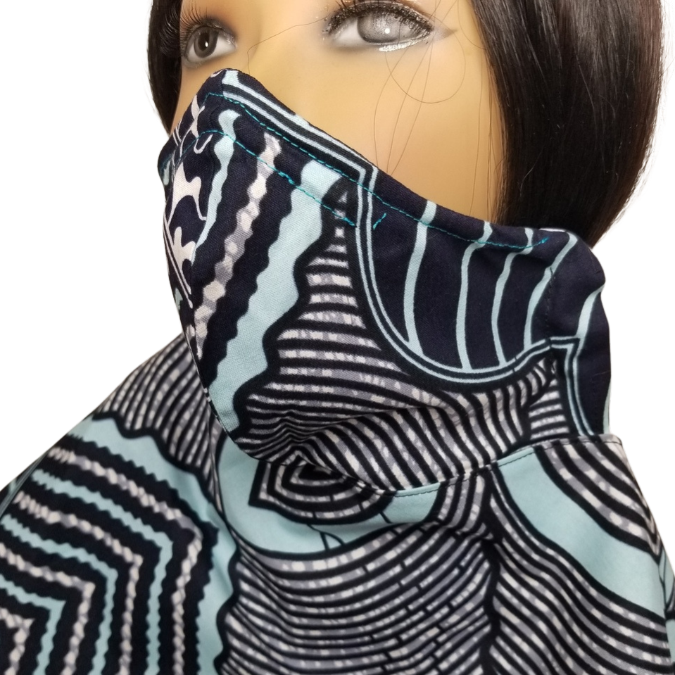 12BL1 Panda Scarf & Mask - Blue Wave: The Blue Wave features different shades of blue and white, creating an elegant contrast, as shown in the image. The waves are outlined with thick black lines, adding definition to the design. It has a sparkling effect, suggesting that it might have a glittery or glossy texture.  