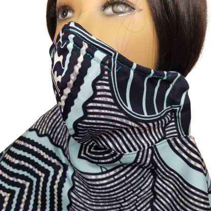 12BL1 Panda Scarf & Mask - Blue Wave: The Blue Wave features different shades of blue and white, creating an elegant contrast, as shown in the image. The waves are outlined with thick black lines, adding definition to the design. It has a sparkling effect, suggesting that it might have a glittery or glossy texture.  