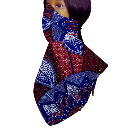 BG1 Panda Scarf & Mask - African Print "Burgundy & Blus Floral"