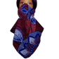 The Burgundy Floral Panda Scarf & Mask features rich, red base colors adorned with detailed patterns in blue and white, as shown in the image. The patterns are geometric and symmetrical, giving the scarves an elegant look. There is a sparkling effect on the entire scarf, suggesting that it might have a glittery or glossy texture. 