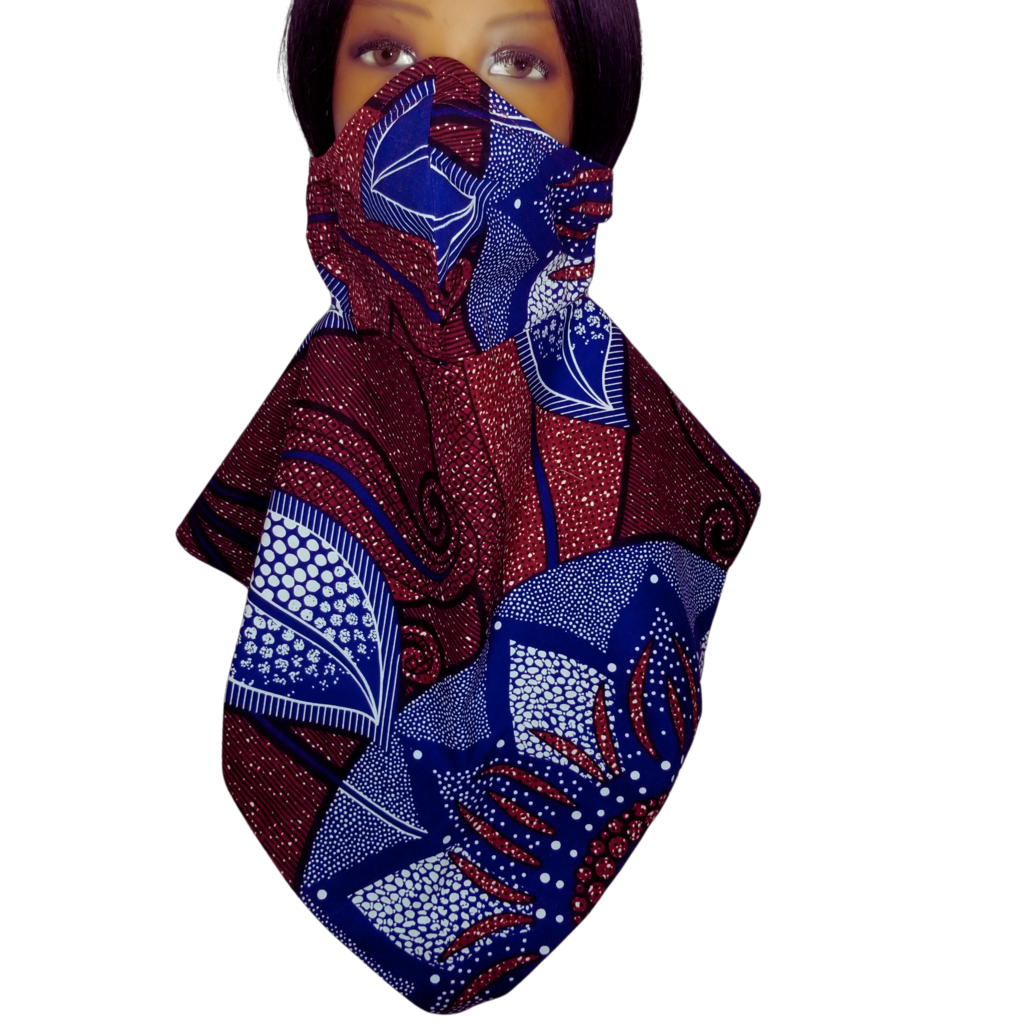 The Burgundy Floral Panda Scarf & Mask features rich, red base colors adorned with detailed patterns in blue and white, as shown in the image. The patterns are geometric and symmetrical, giving the scarves an elegant look. There is a sparkling effect on the entire scarf, suggesting that it might have a glittery or glossy texture. 