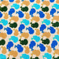 This fabric is a canvas of artistic expression, where whimsical design meets vibrant coloration. The creamy base serves as the backdrop to a playful dance of Afro silhouettes adorned in azure and golden brown. Each Afro silhouette creates a rhythmic pattern that is both lively and enchanting. The blue Afros are like sapphires amidst fields of gold, showcasing an attention to detail that elevates the fabric to a narrative tapestry. 🎨