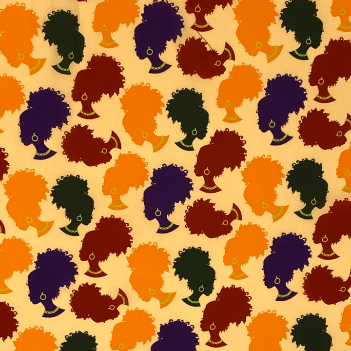 Fiery Black Beauty African Print Fabric.  Eye-catching silhouettes: The colorful silhouettes of people with various hairstyles in shades of dark green, purple, orange, and brown create a rhythmic pattern that is both lively and enchanting. Each figure seems to tell a story, adding depth and intrigue to the design.