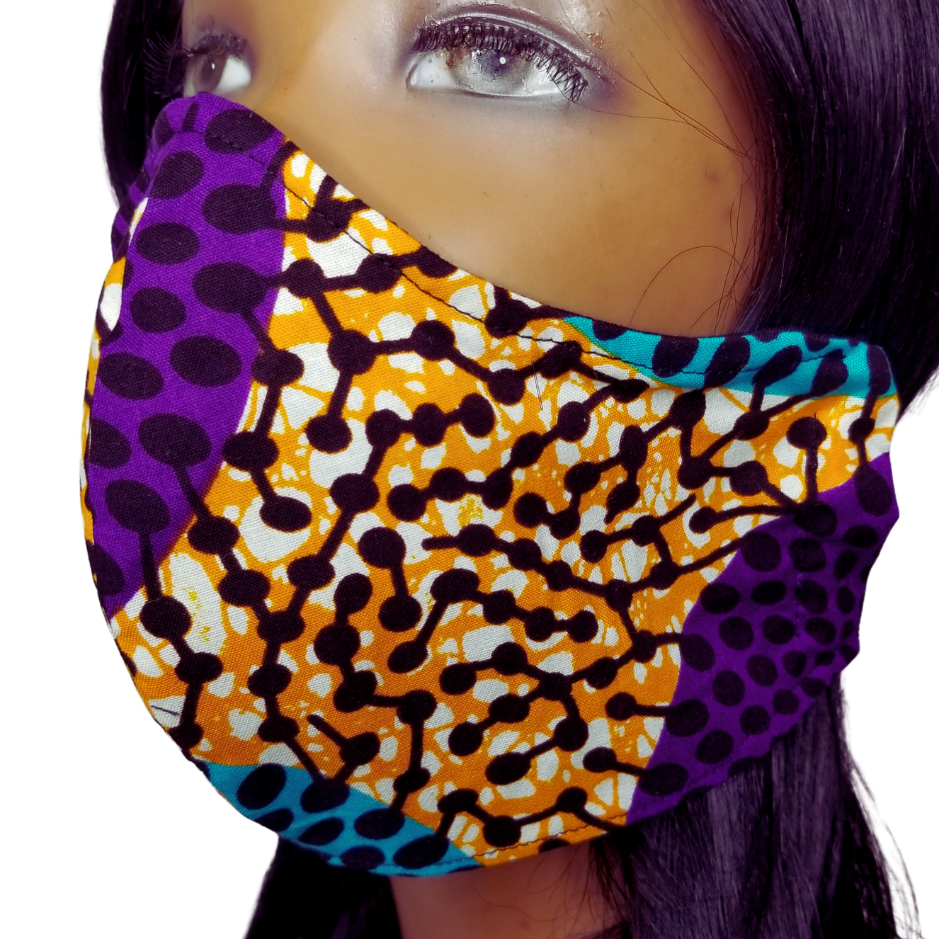 Purple Networking African Print Mask   Add some color and flair to your outfit with the Purple Networking African Print Mask, a stunning accessory that showcases your unique style and personality. This mask is not just a protective layer; it’s a vibrant statement of your individuality and creativity. The mask’s dynamic blend of purple, orange, and teal in an intricate African print design isn’t just visually appealing; it’s a reflection of your bold and adventurous spirit.